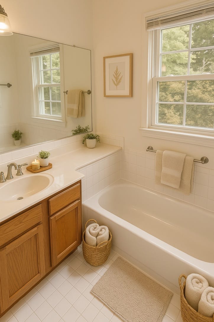 A bathroom with a tub and an oak vanity, shown with towels and accessories added digitally