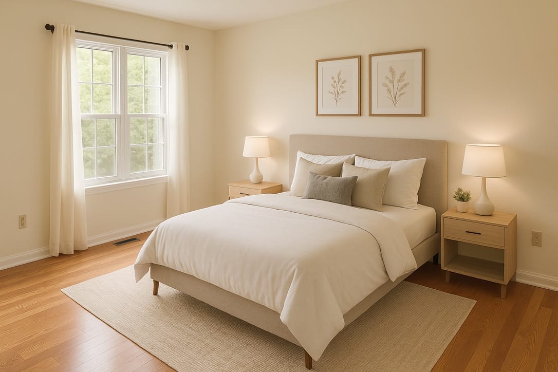 A bedroom, shown with furniture added digitally