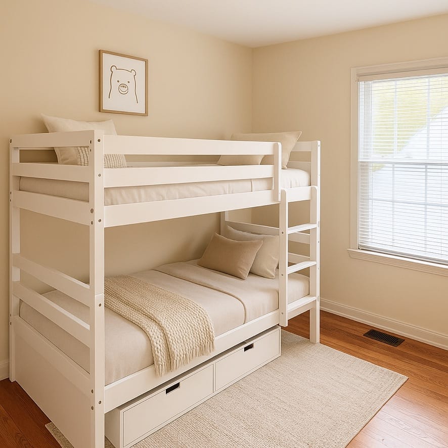 A small bedroom, shown with bunk beds added digitally