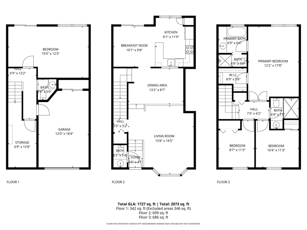 Floor plan of the townhouse at 226 Lynn Manor Drive across three floors. Floor one: a bedroom, a bath, a garage and storage. Floor two: kitchen, breakfast nook, dining area, living room, a bath and the foyer. Floor three: the primary bedroom with its bath and walk-in closet, two more bedrooms and a bath. Total 1,727 square feet.