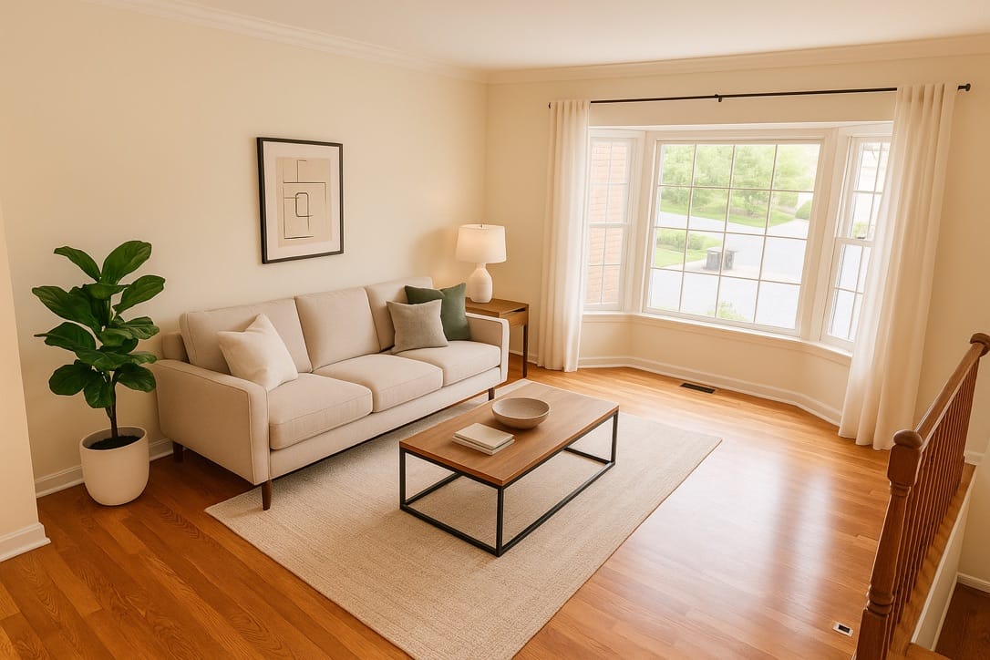 The living room with its bay window, shown with furniture added digitally